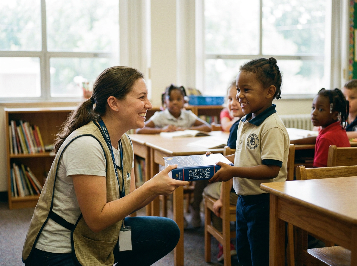 Rotarian handing a dictionary to a student